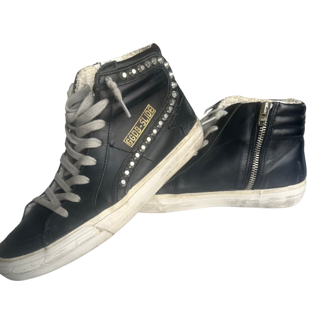 Golden Goose Slide Mid-Top Leather Stud Sneakers Black size 37 high tops